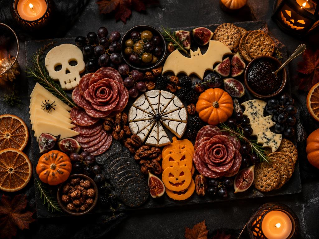 Halloween-themed charcuterie board with salami roses, skull- and bat-shaped cheeses, figs, dark grapes, and mini pumpkins