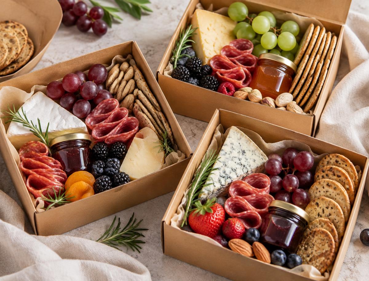 Individual charcuterie gift boxes with cheese, crackers, and berries