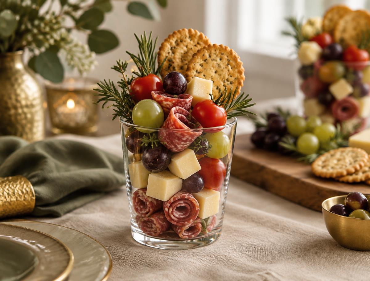 Charcuterie cup filled with rolled salami, cheese cubes, grapes, and crackers