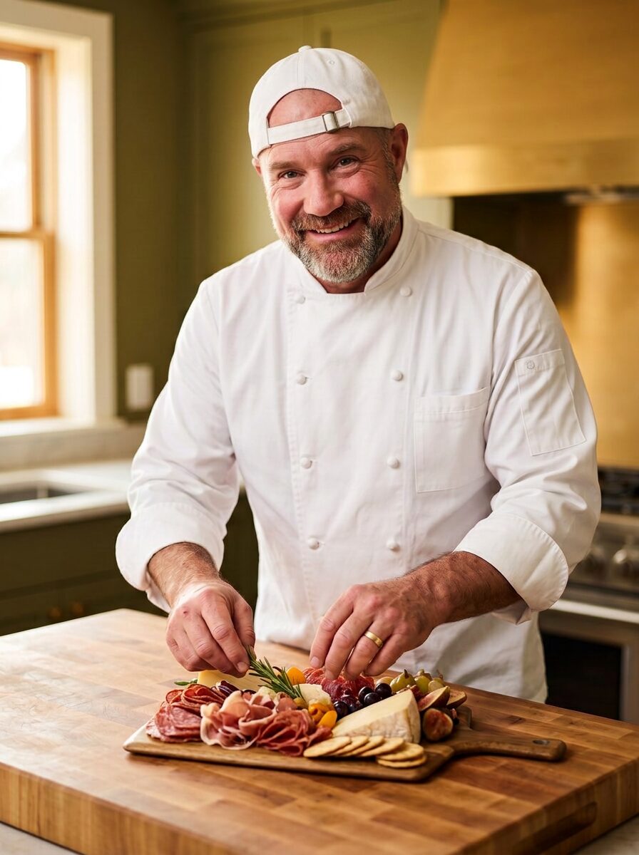 Our chef in a white chef’s coat and a backwards white ball cap, smiling as he finishes arranging a charcuterie board