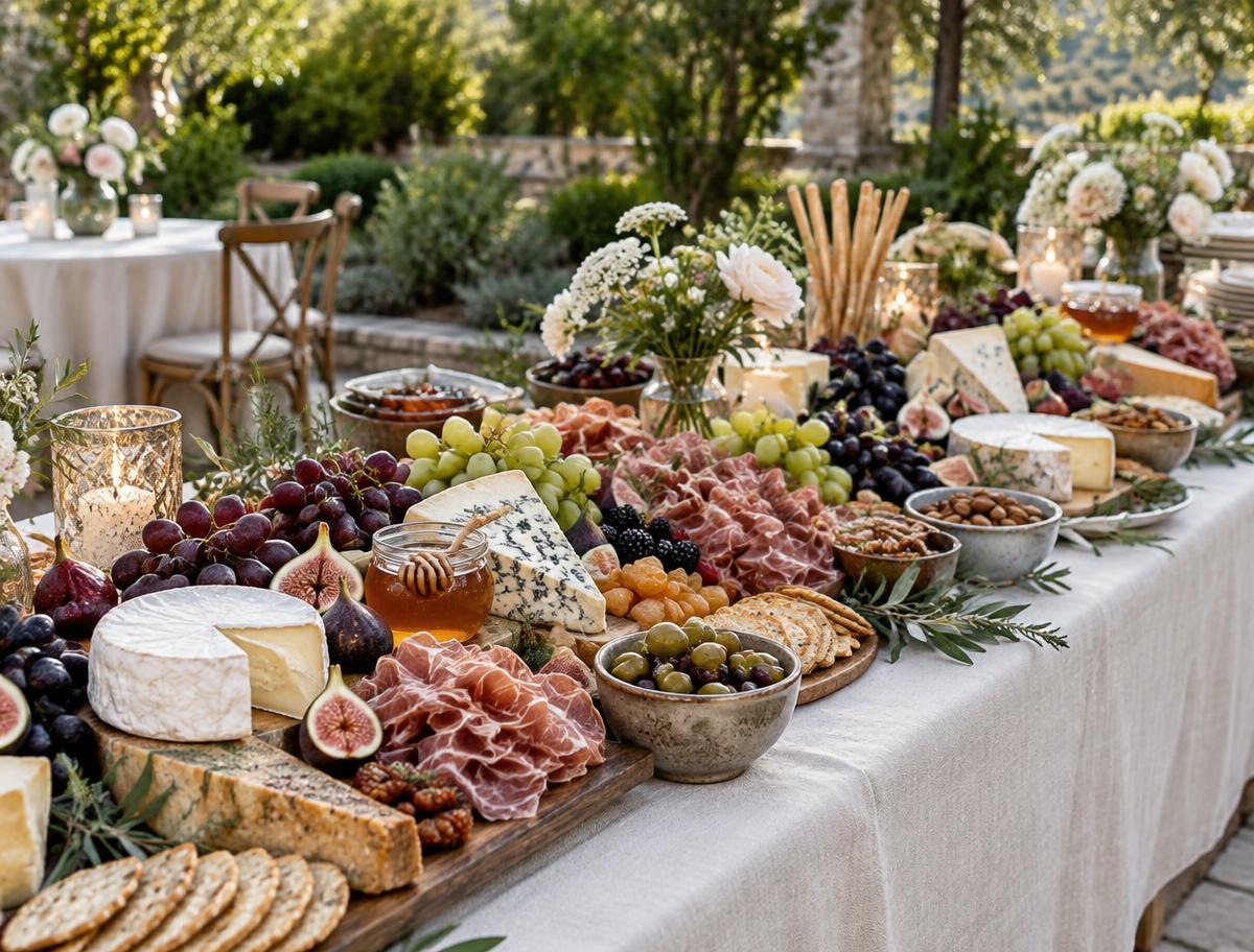 Abundant cheese and charcuterie grazing table in a garden setting