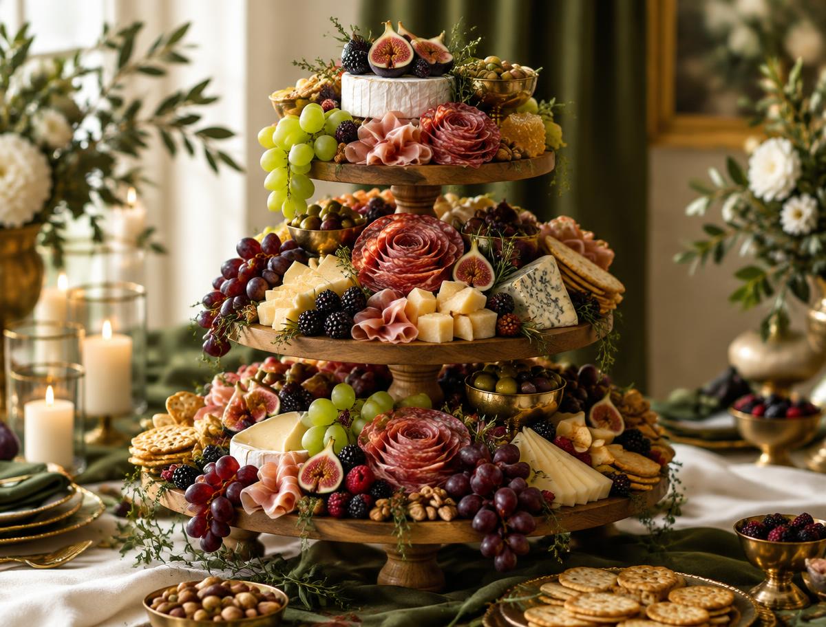 Three-tiered grazing tower loaded with cheeses, cured meats, figs, berries, and crackers