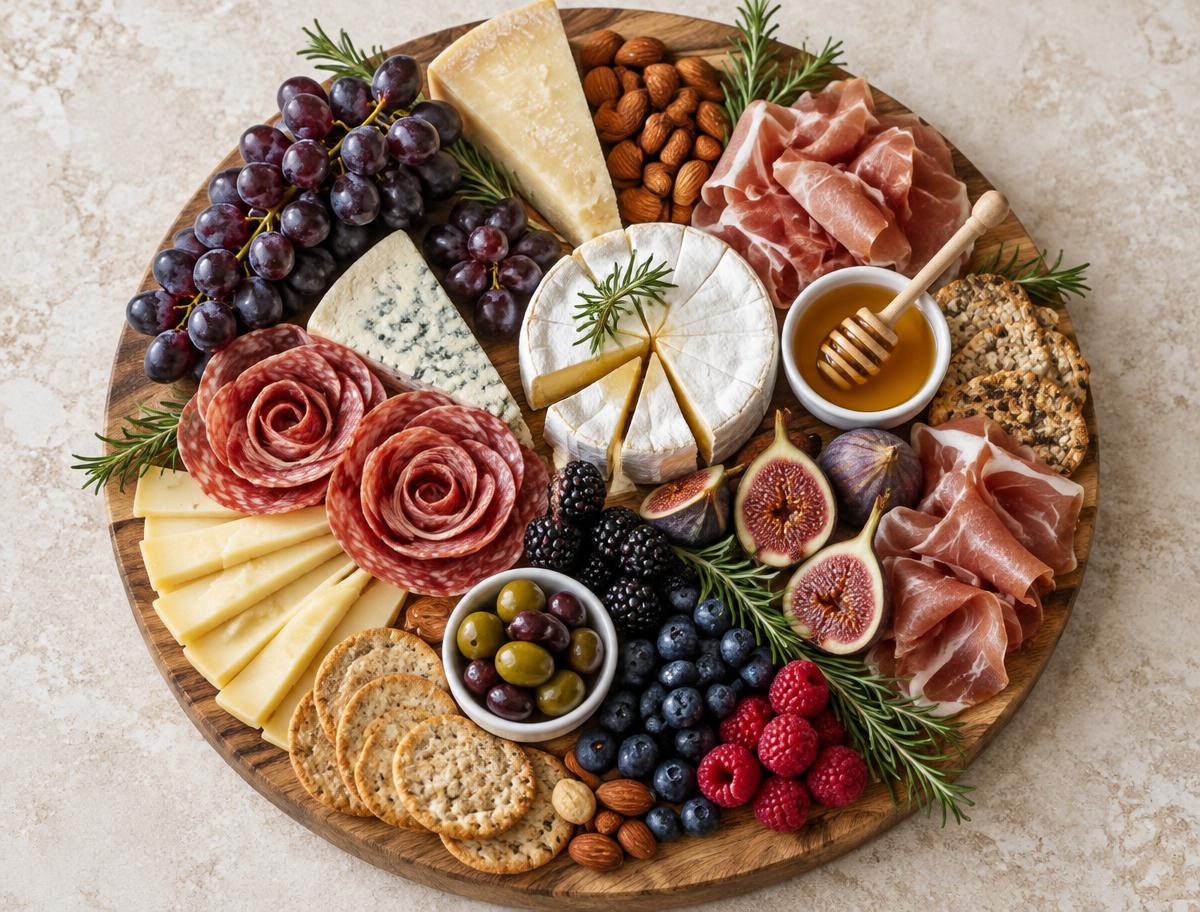 Round charcuterie board filled with cheeses, fruit, salami, and honey