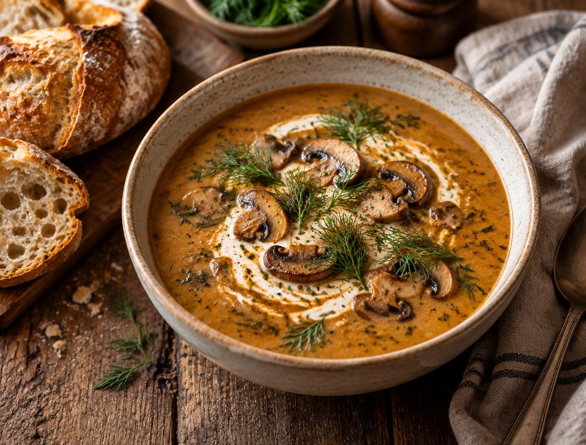 Bowl of creamy Hungarian mushroom soup with sautéed mushrooms, a swirl of cream, and fresh dill beside crusty bread